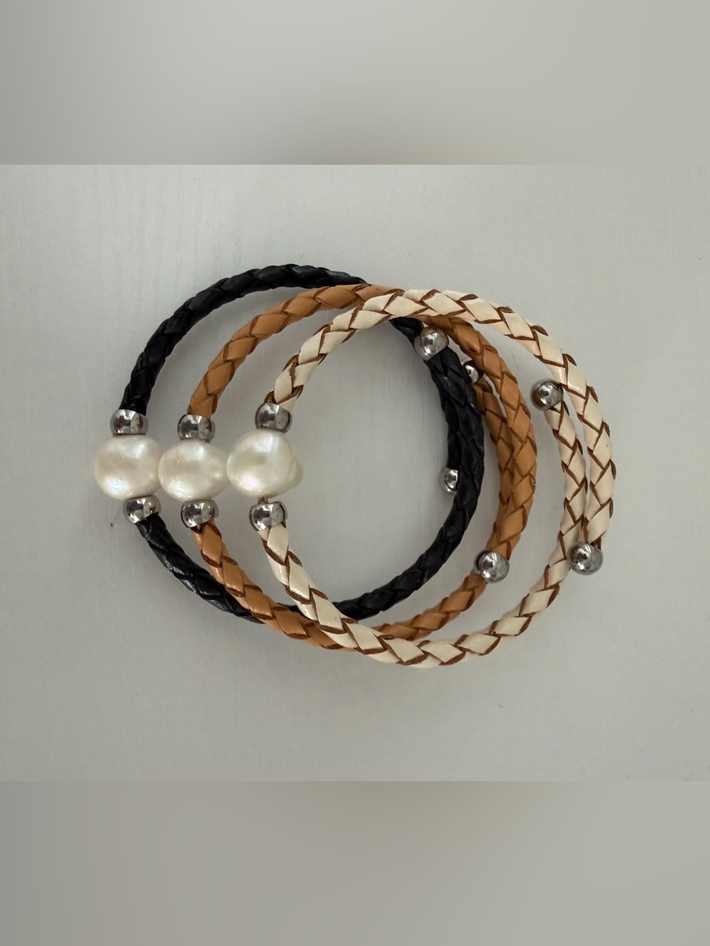Cultured Freshwater Pearl (10-11MM) Braided Leather Bracelets Stack of 3